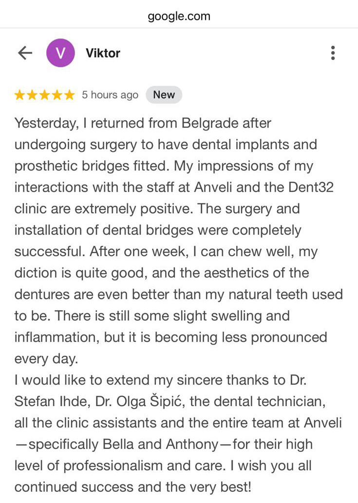 Screenshot of the patient's testimonial on Google